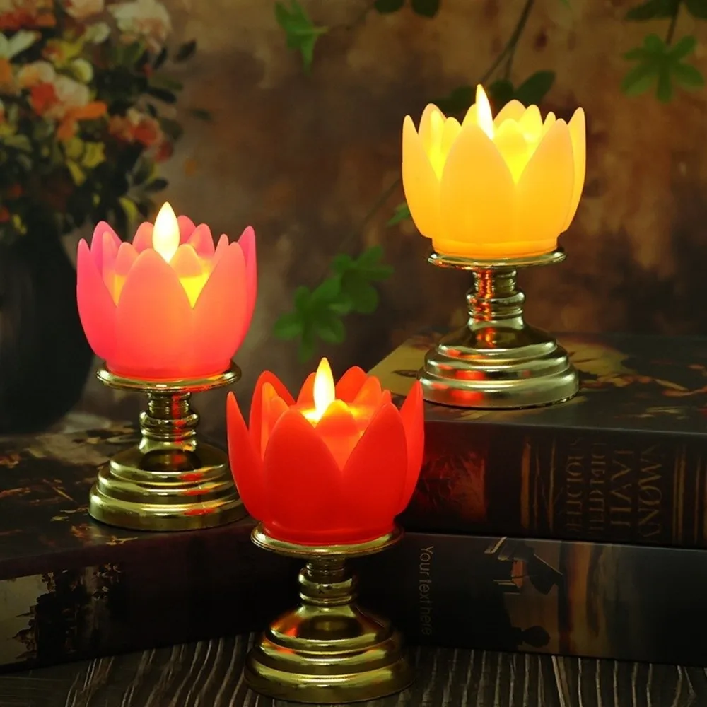 New Prayer LED Candle Lamp Long-lasting Light Colorful Lotus Lamp Battery Operated Simulated Candlestick Buddhist Decoration