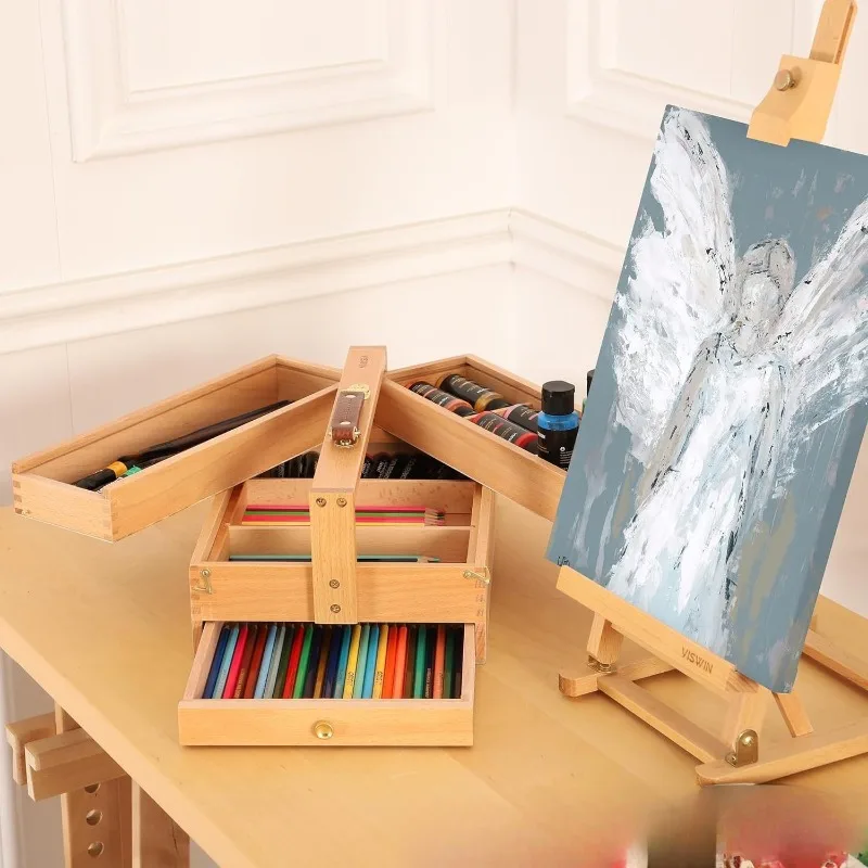 Desktop wooden storage box, brush finishing rack, multi-layer foldable art tool box, solid wood storage box with drawers