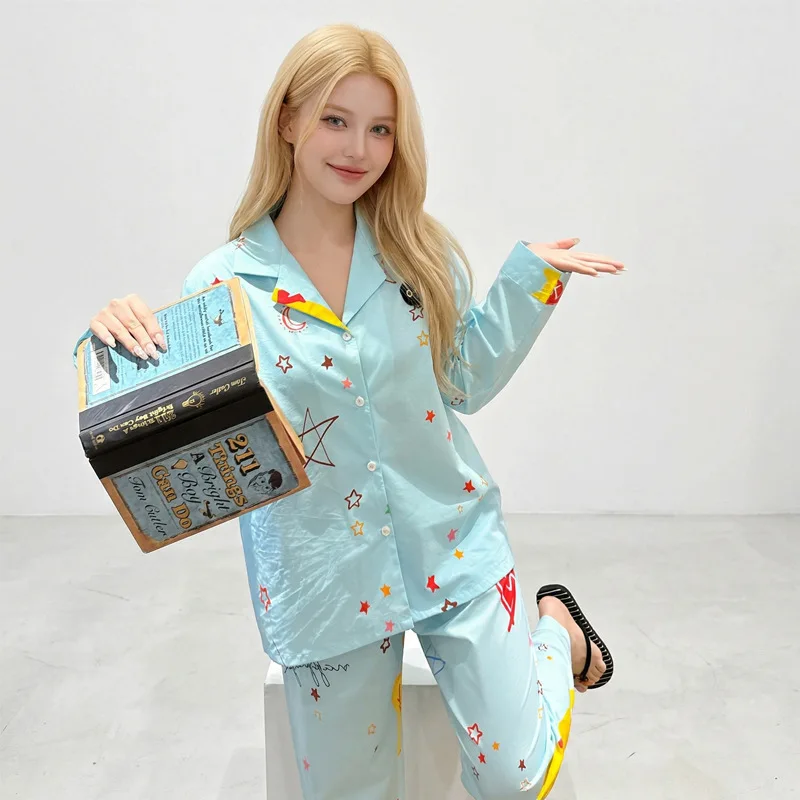 26 Spring Autumn Cotton Pajamas Women Girl 2piece Set Cute Student Cartoon Homewear Long-sleeve Pants Cute Nightwear Sleepwear
