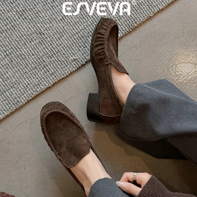 ESVEVA 2027 Fashion Cow Suede Women Loafers Shoes Casual Woman Spring Genuine Leather Pumps Shoes Round Toe Ladies Dress 34-40
