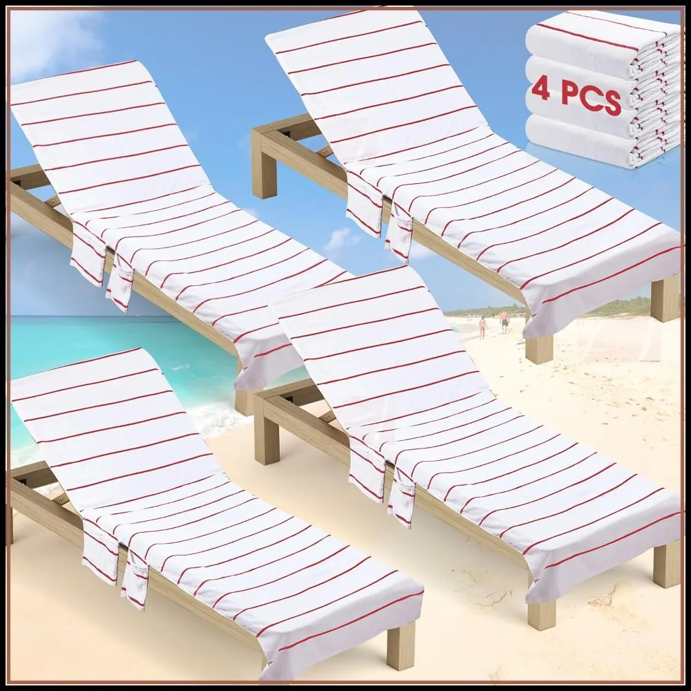 

4-Pack Pool Chair Covers with Pockets, Cotton Oversized Beach Towels for Indoor Outdoor Patio, Red Stripes