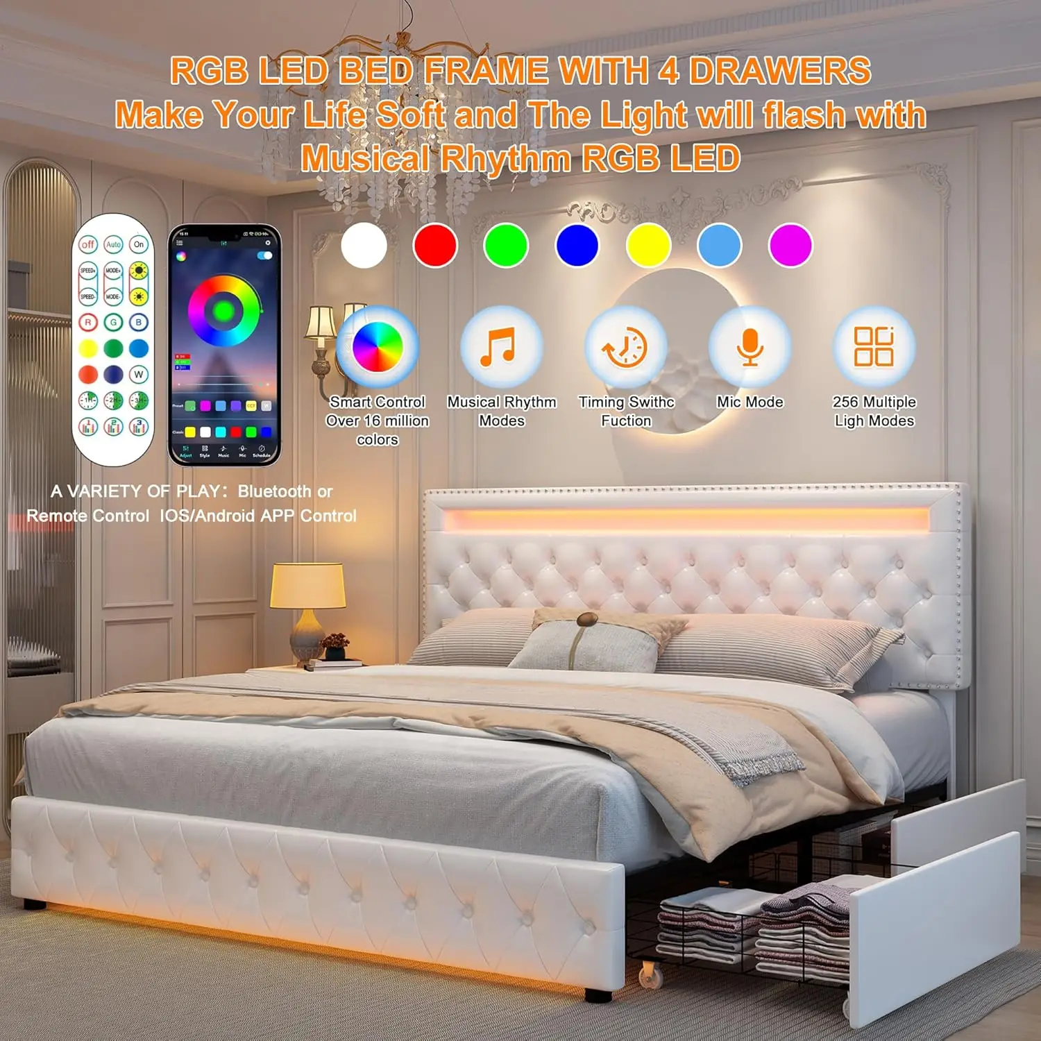 Queen Led Bed Frame With 4 Storage Drawers, With Smart Control Rgbw Led Lights Headboard Footboard, Control Diy Color, Box