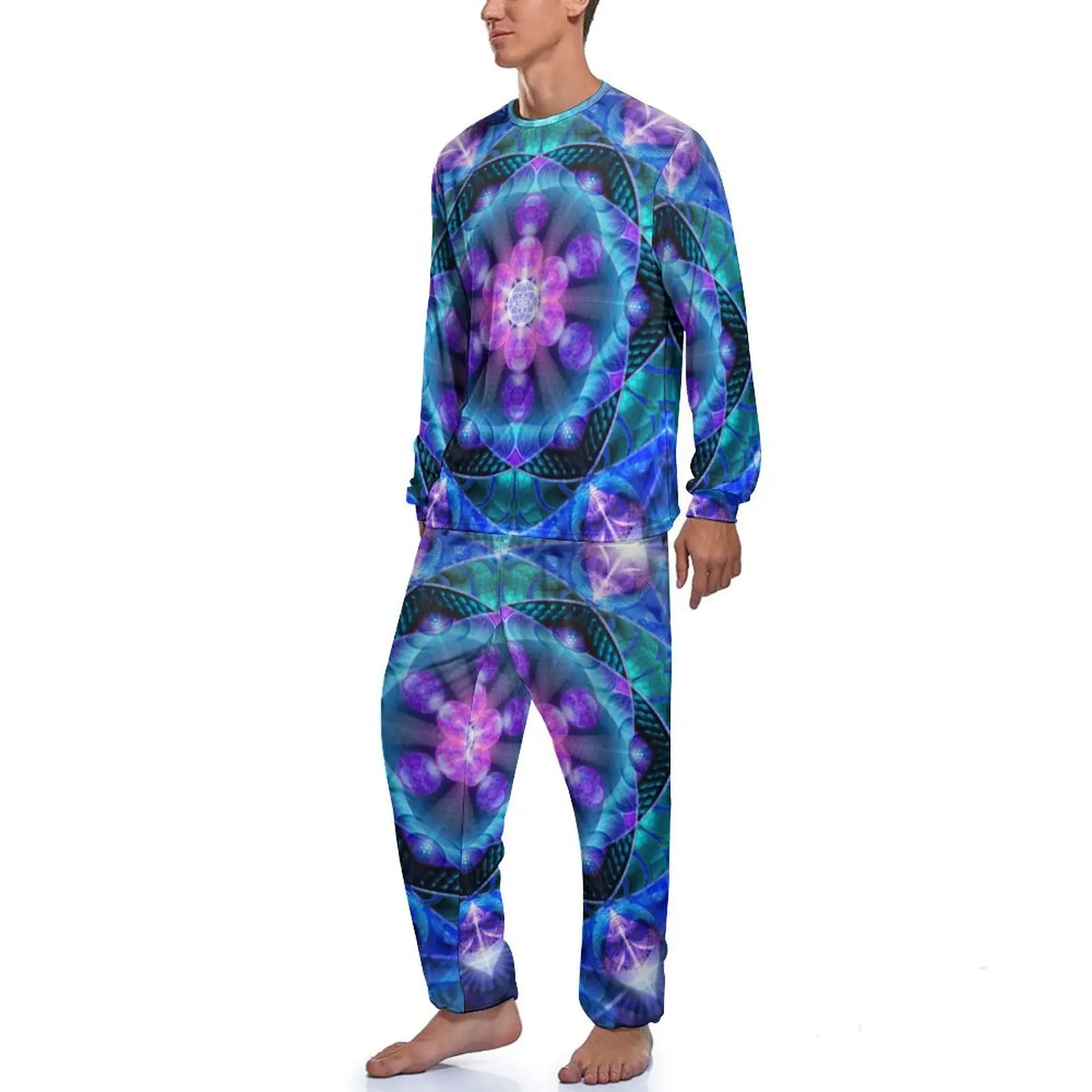 Flower Mandala Pajamas Spring Abstract Floral Print Bedroom Sleepwear Man 2 Pieces Pattern Long Sleeve Retro Pajama Sets