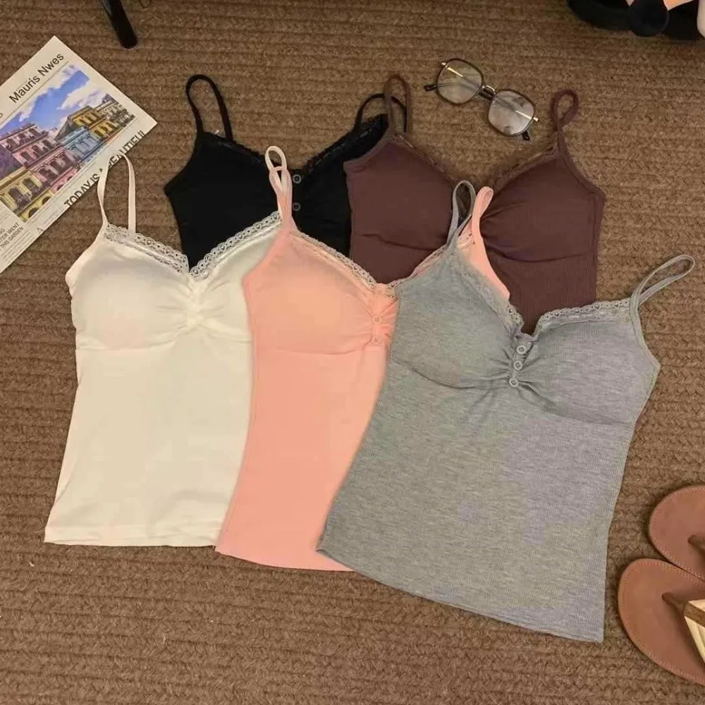 Casual Slim Fit Lace Trim Vest Button Front Short V Neck Top with Chest Pad Sleeveless Top Women