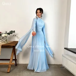 Qanz Sky Blue Evening Dresses Chiffon Beadings Long Sleeves A Line Formal Occasion Dresses Women Robe De Soirée Customized