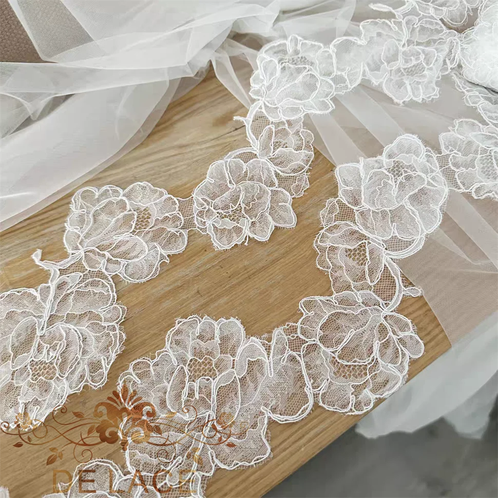 

SXGN Delicate Handmade Corded Eyelash Lace Trim Soft Tulle Flowery Embroidered Wedding Dress DIY Accessories