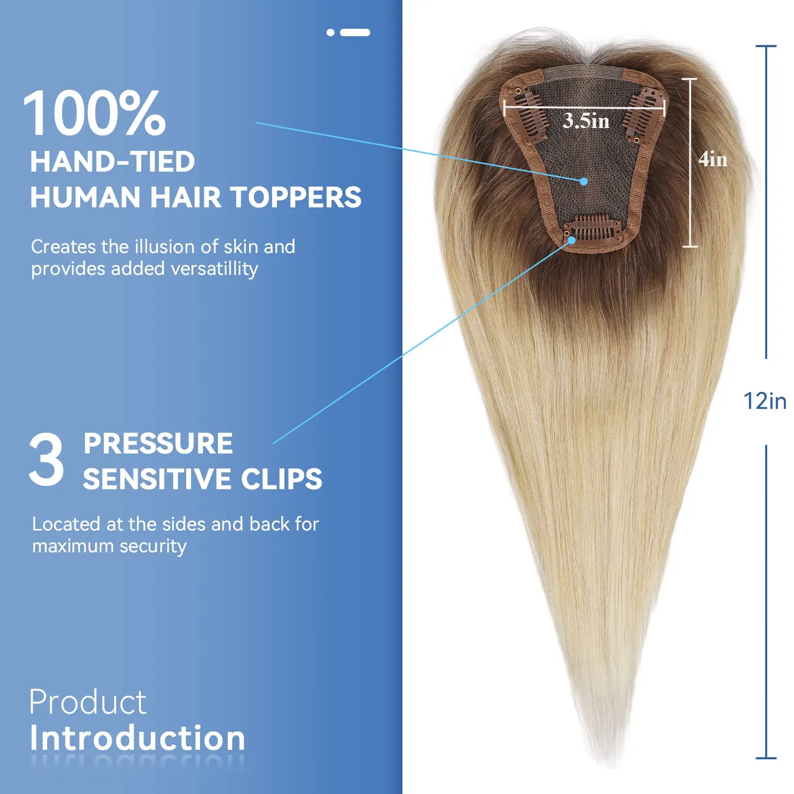 Blonde Ombre Straight Hair Toppers Middle Part 100% Remy Human Hair Topper HairPieces for Women Silk Base Clip in Toppers 12inch