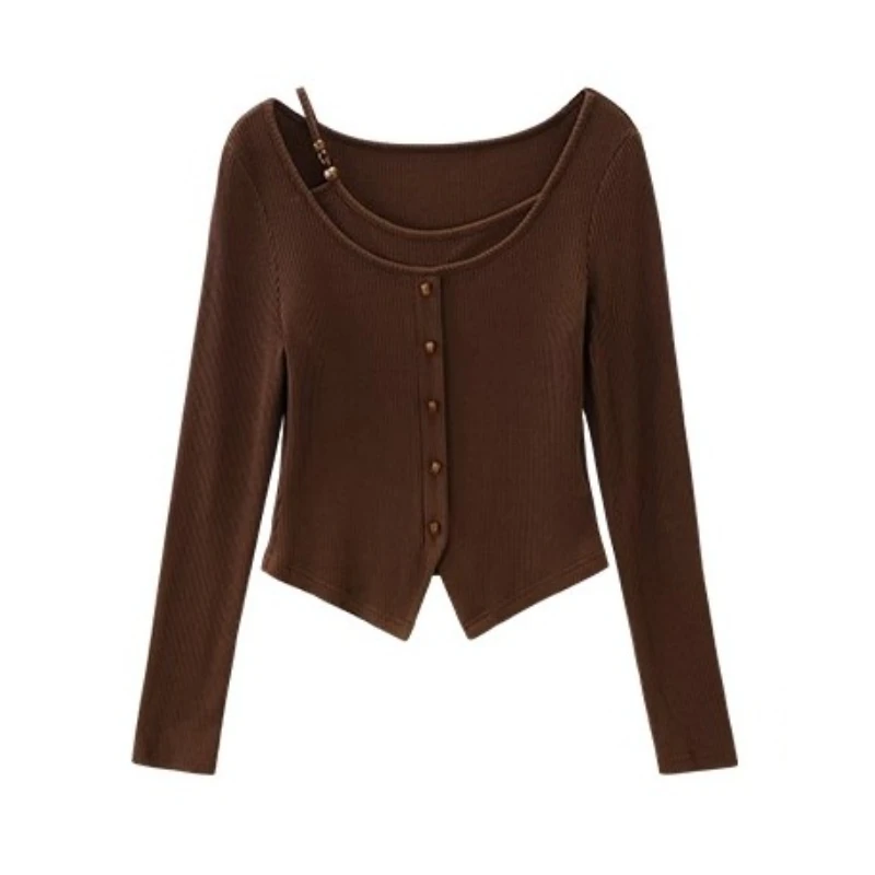 ALXNAN المرأة الخريف سترة 2025 البني خمر أنيقة بلوفر مغزول كاذبة طبقتين طوق غير المتماثلة هيم تريكو L569116 #6