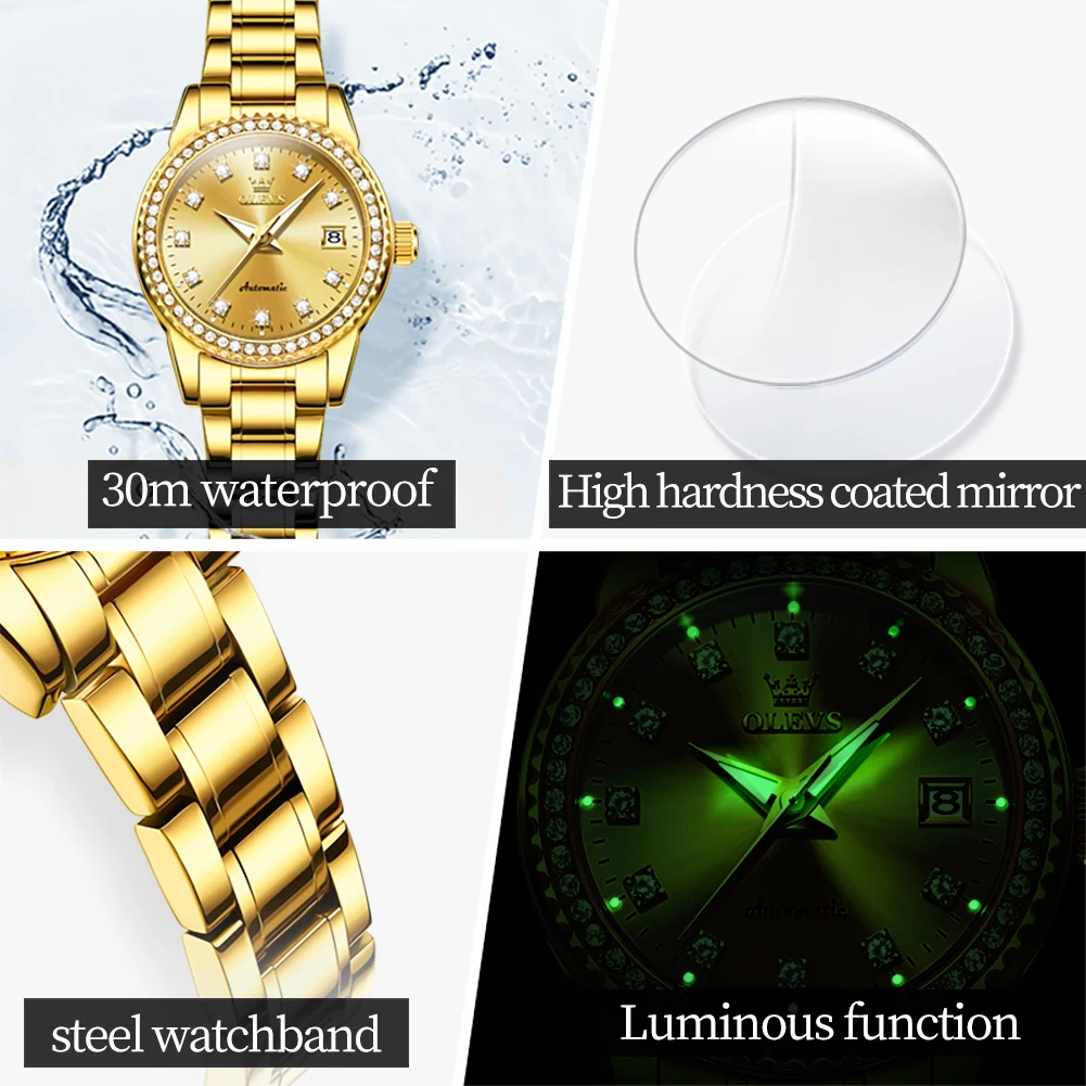 OLEVS 7003 Womens Watch Elegant Luxury Mechanical Watch Scale Waterproof Luminous Automatic Date Ladies Watch Gift Box