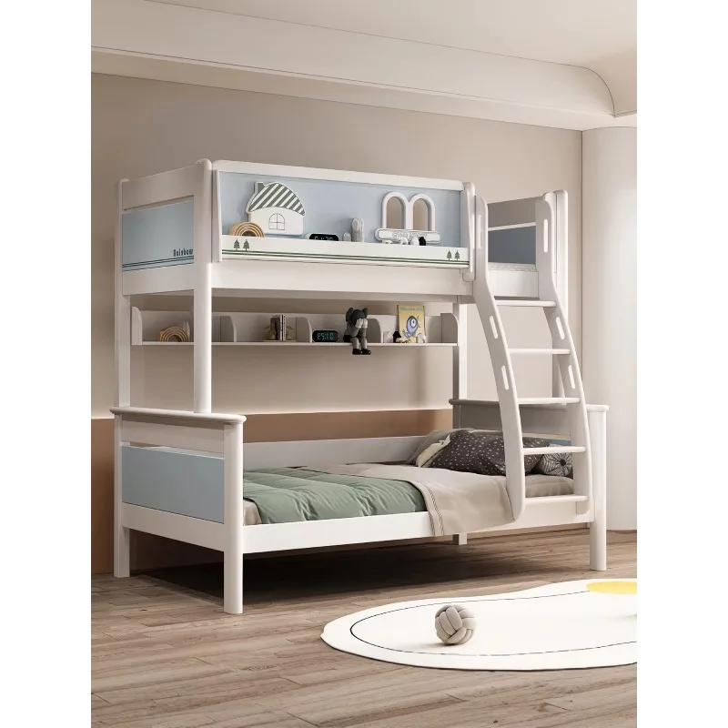 Children's Full Solid Wood Bunk Bed High Low Two-Layer Mother Child Bed with Ladder Cabinet and Easy Assembly