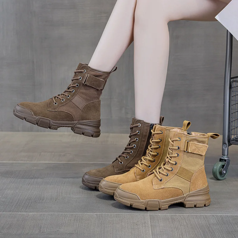 DRKANOL Women Mid Calf Boots 2026 Autumn Winter Thick Plush Height Increasing British Style Street Cow Suede Canvas Warm Boots
