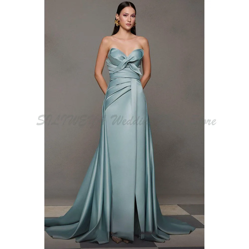 

Elegant Evening Dresses Women Floor Length Strapless Sleeveless A Line Sweep Train Backless High Quality Wrinkle Party Prom Gown
