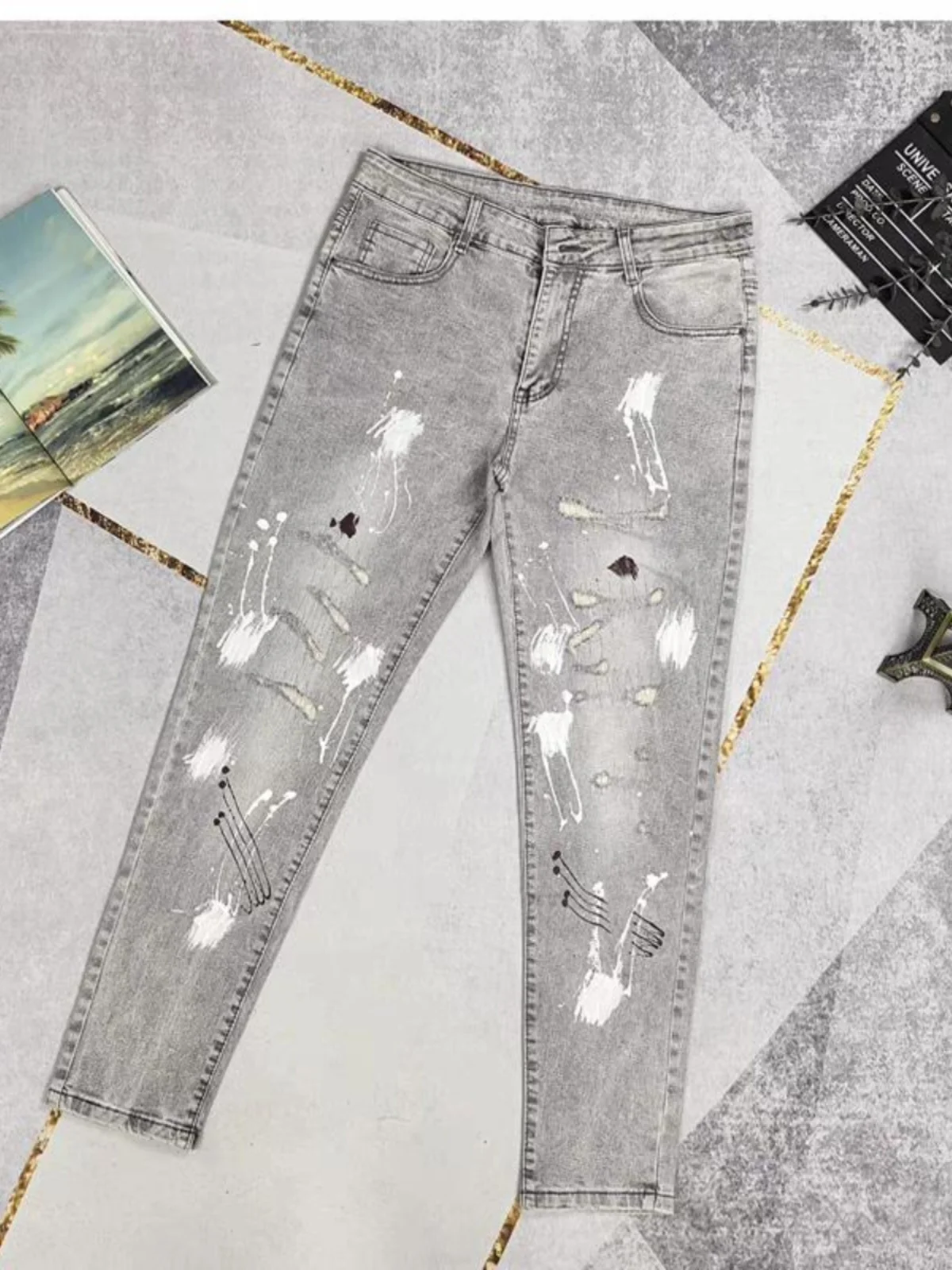 

Мужские джинсы Street Style с рваными элементами и эффектом потертости, зауженные, модные, корейская версия, весенние, длинные брюки