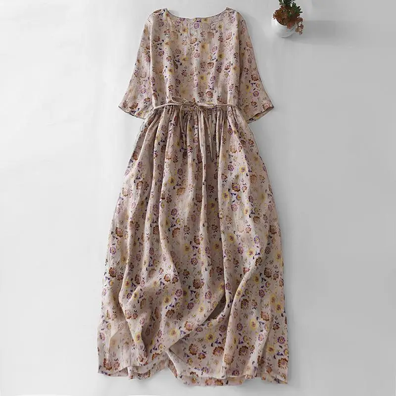 

2024 Spring Summer Arts Style Women Half Sleeve Loose cotton A-line Dress Vintage Flower Print O-neck Casual Long Dresses