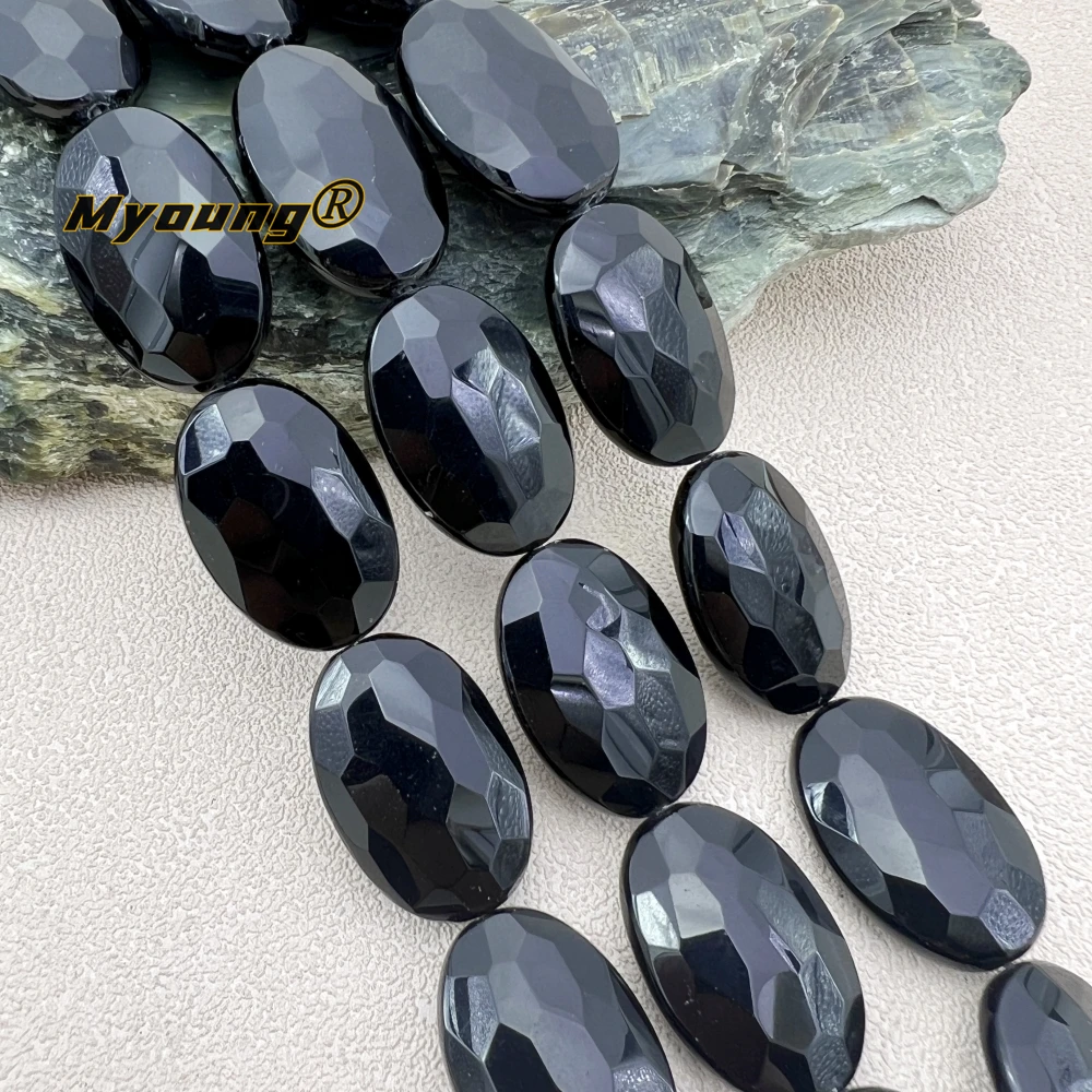 20x30MM 13PCS Large Faceted Oval Shape Natural Stone Black Obsidian Slice Focus Pendant Beads For DIY Jewelry Making MY240116