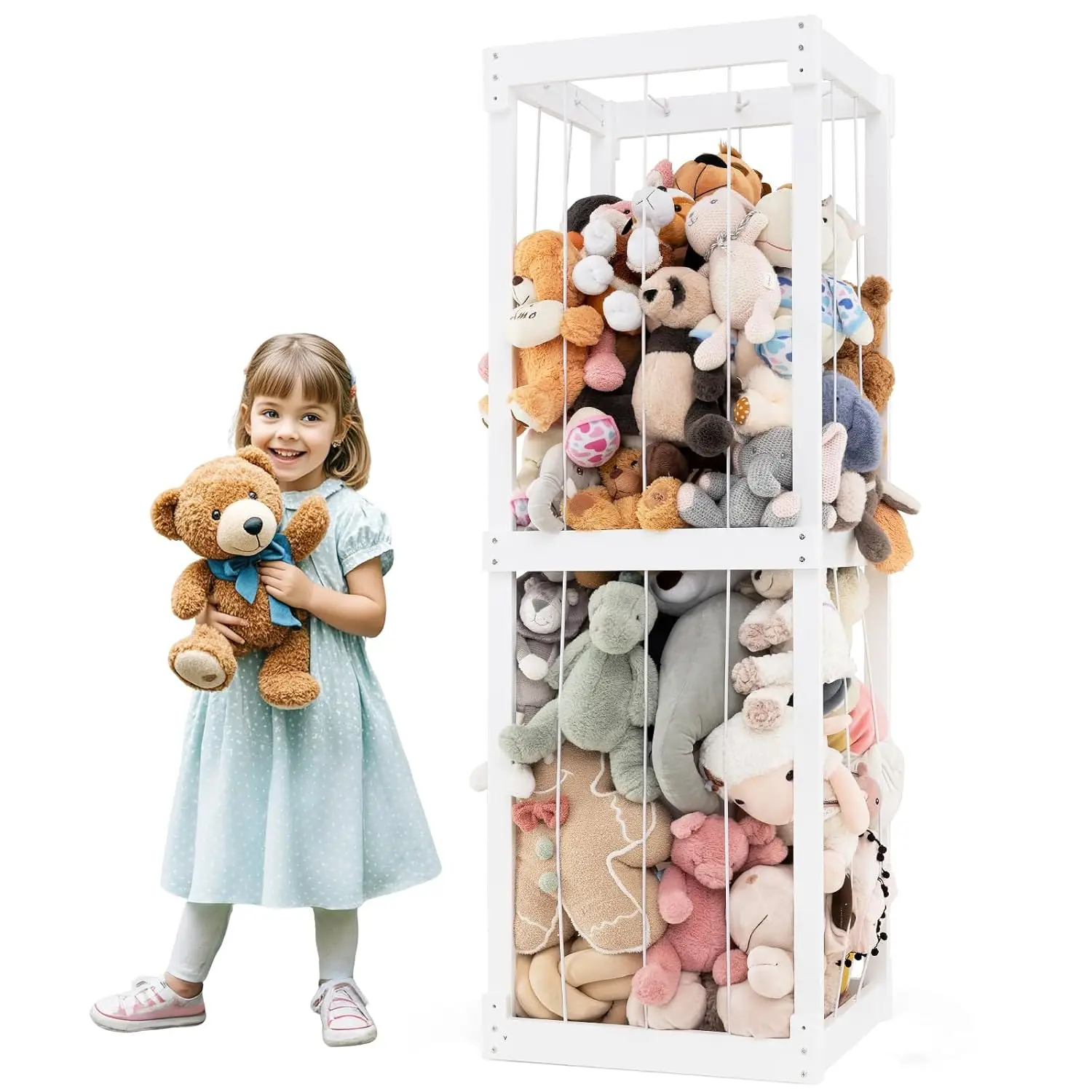 Extra Large Stuffed Animal Storage, Wooden Stuff Animal Organizer with Elastic Cords, Space-saving Toy Storage Organizer