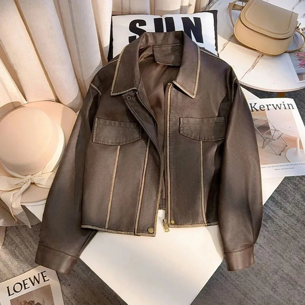 السيدات اللون حجب البيسبول سترة قصيرة الخريف الإناث الترفيه بولي معطف معطف جلد ريترو المرأة موضة فضفاضة فو الجلود أبلى