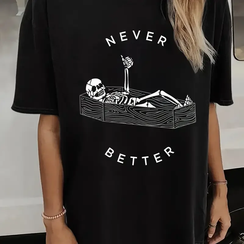 Never Better Print Crew Neck Women T-Shirt Casual Short Sleeve T-Shirt Women Ins Fashion Trend Couple Versatile Loose Y2k Top