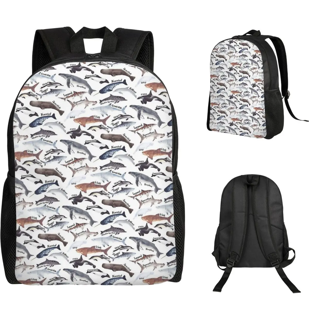 

Types Of Whales, Sharks And Dolphins Watercolour Backpack Student Boys Girls BookBag School Bag Laptop Shoulder Bags