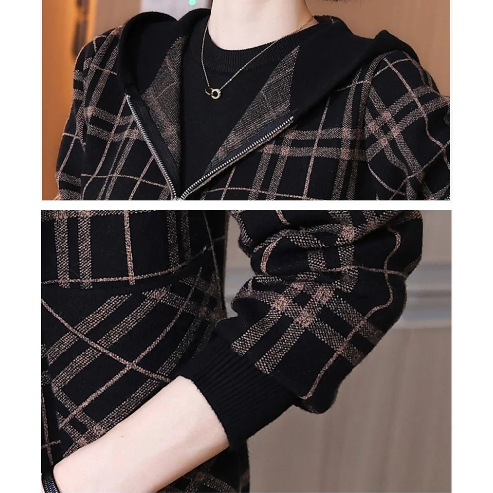 2023 Autumn New Middle-aged Mother Cardigan Sweater Fashion Hooded Plaid Zipper Knitted Coat Women Casual Knitting Cardigan Tops