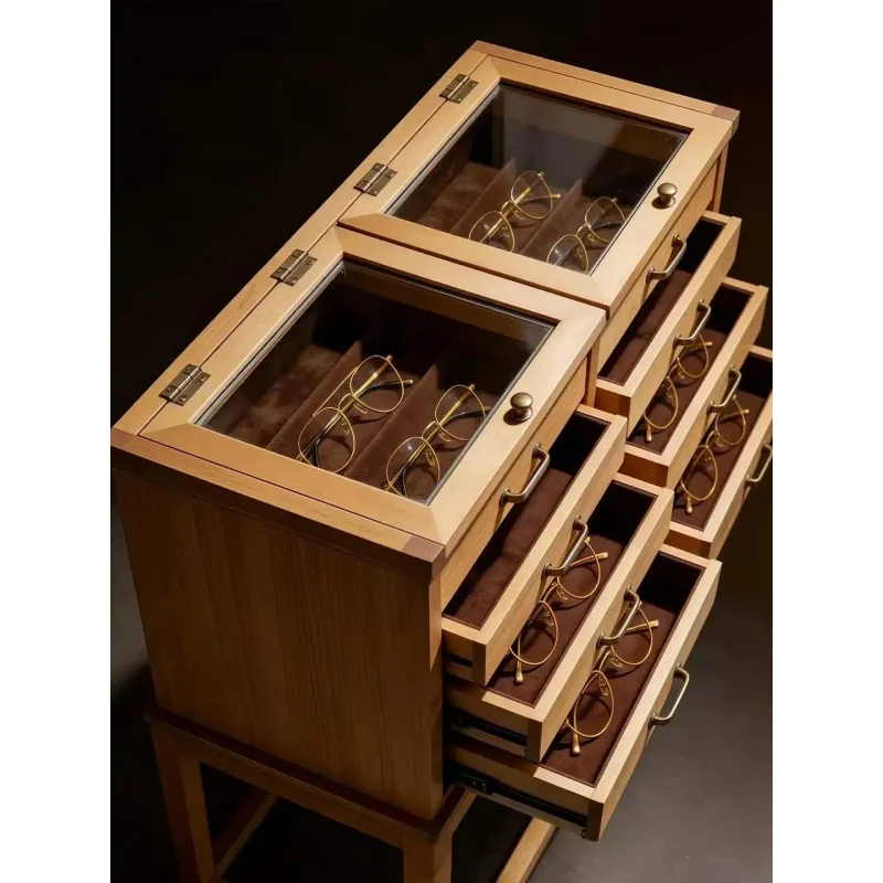 custom.Movable Lockable Standing Luxury Modern Wooden Eyewear Sunglasses Display Cabinet LED Lighting Heavy Duty Customizab