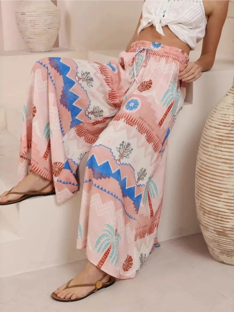 سراويل بوهو بالازو النسائية واسعة الساق لليوجا ملفوفة بحزام الخصر لتغطية الشاطئ سراويل فضفاضة ناعمة قابلة للتنفس لصيف 2026