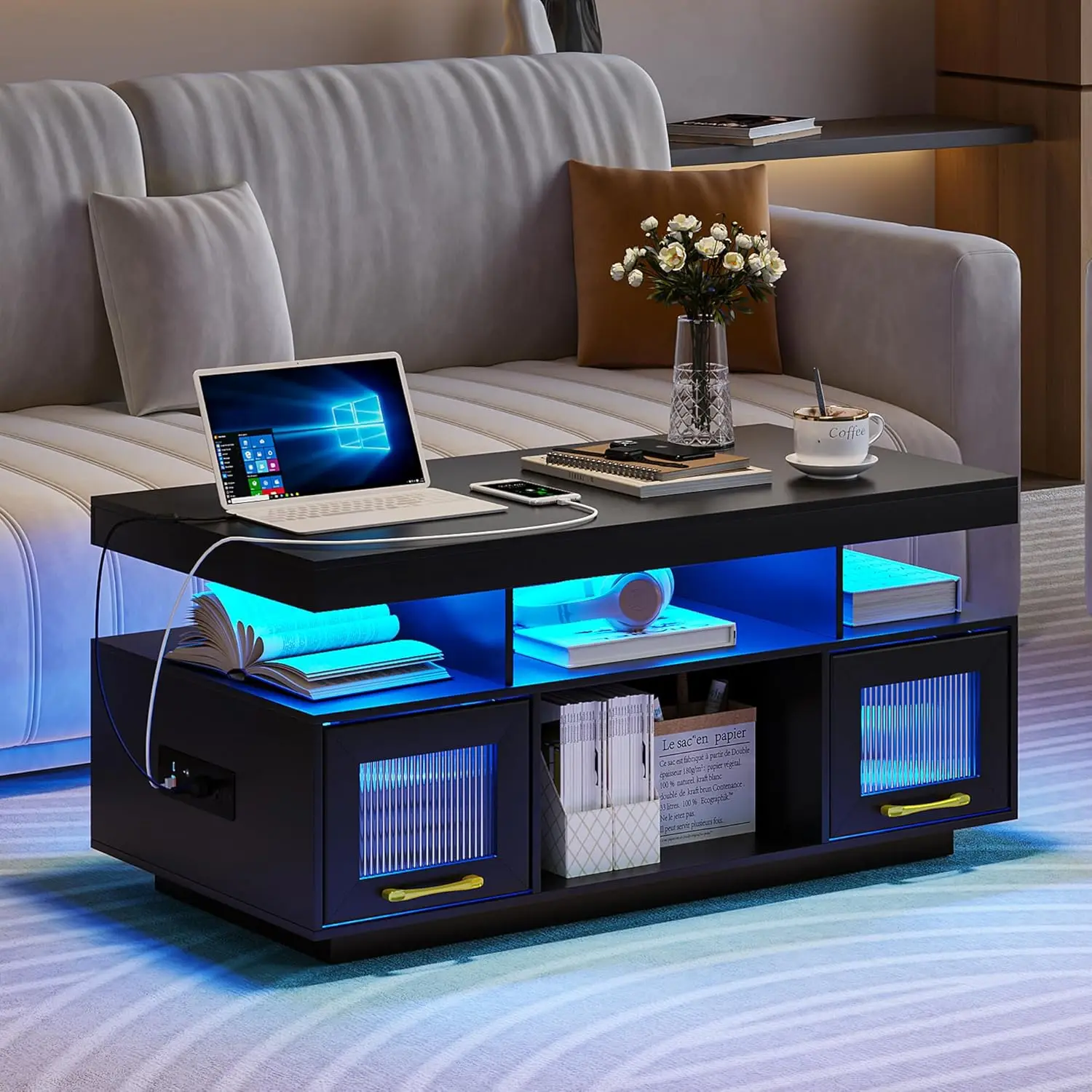 LED Coffee Table with Charging Station＆4 Storage Spaces, Modern Coffee Tables with Auto 3 Color Lights, Center Tea Table with