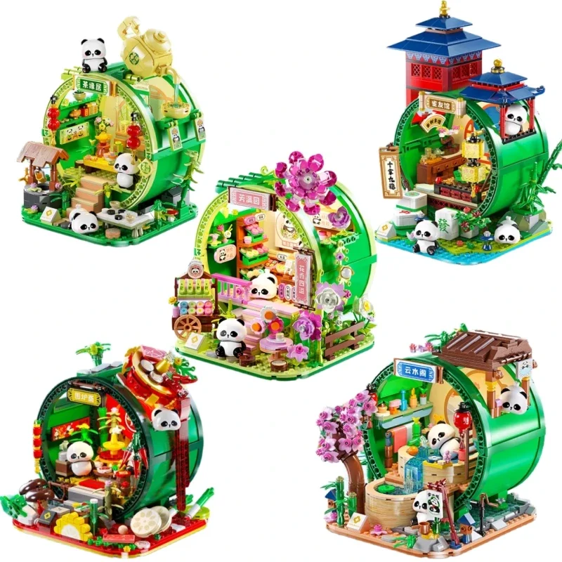 Kawaii Panda Bamboo House Building Blocks Tea House Model Ornaments Street Scene Small Particles Puzzle Assembled Toys Gift