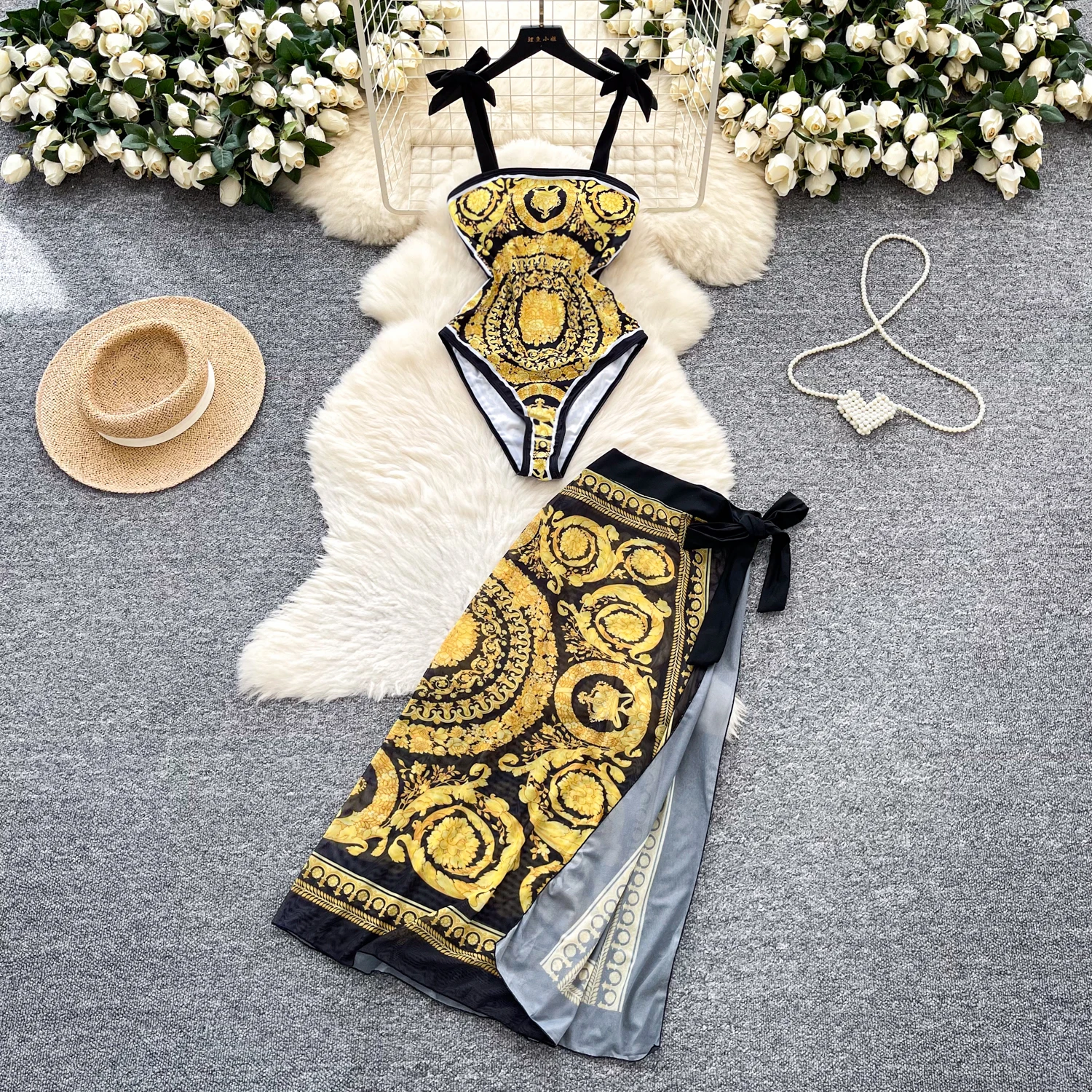 Conjunto de Bikini con estampado floral elegante de lujo, traje de baño y falda asimétrica de una pieza, traje de baño brasileño para cubrir para mujer