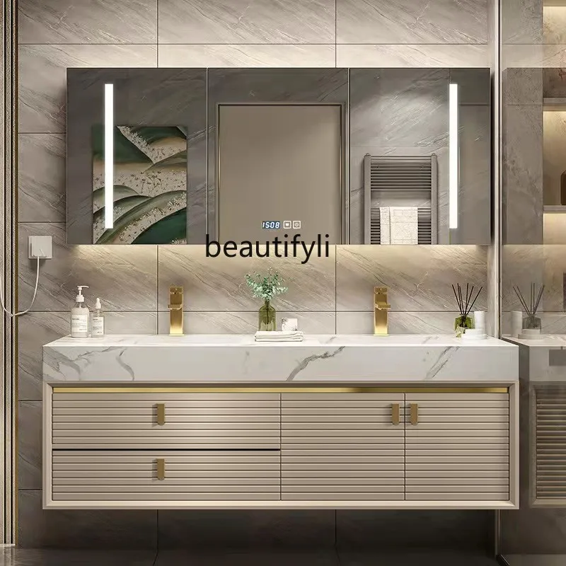 Stone Plate Bathroom Cabinet Simple Oak Light Luxury Integrated Washstand Bathroom Sink Double Washbasin Combination