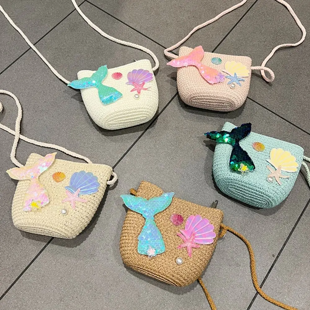 Summer Kids Straw Woven Messenger Bag Lovely Mermaid Small Coin Purse Handbags Mini Shoulder Bags Princess Wallet for Girls