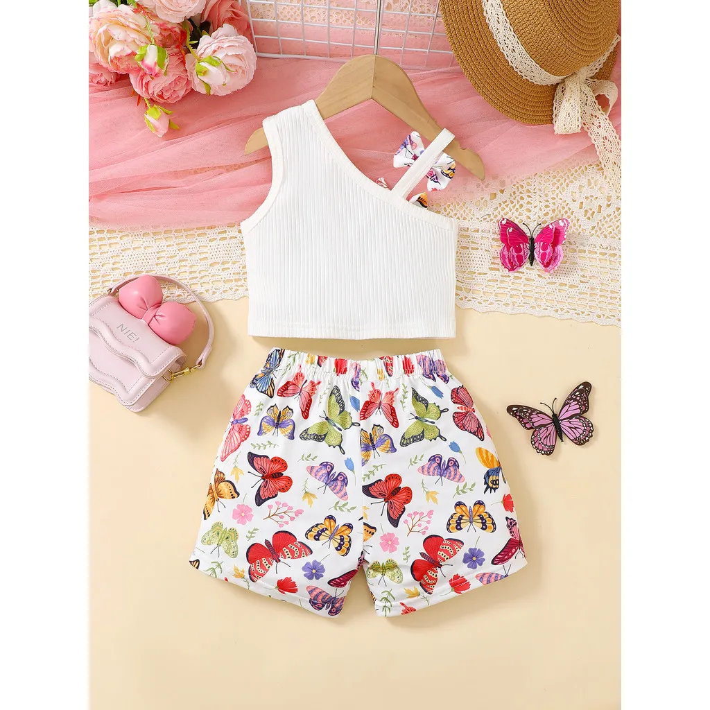 2PCS Toddler Girl Suit Two Bow Trimmed Sloping Shoulder Tops+Butterfly Printed Shorts Summer Fashion Outfits for Baby 0-3 Years