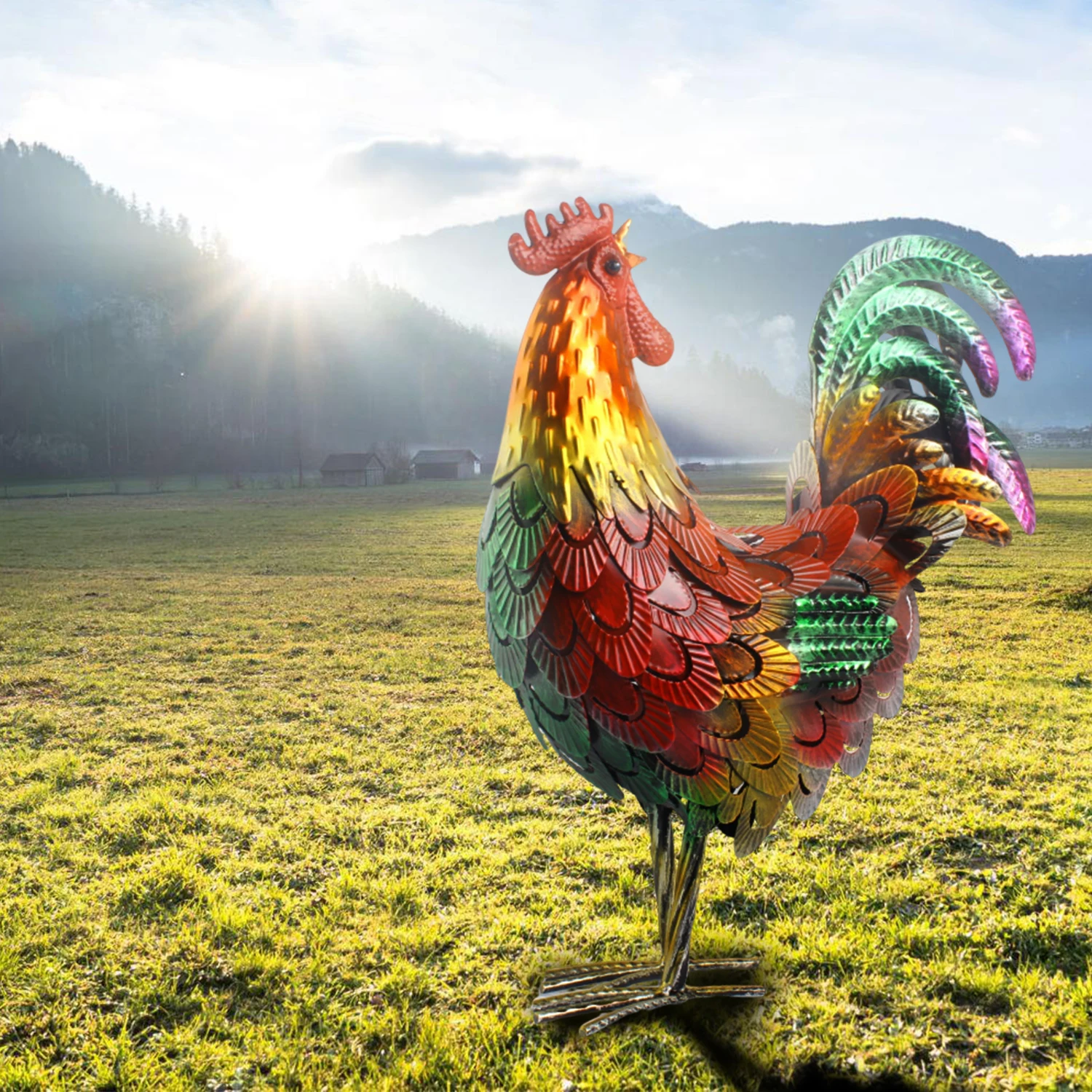 

1pc, Large Metal Rooster Garden Statues And Sculptures (15.7''), Colorful Metal Rooster Garden Art Outdoor Statue For Home Decor