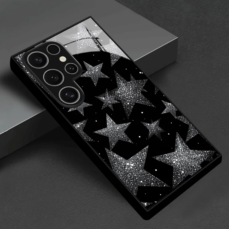 

Премиальный чехол из закаленного стекла для телефонов Galaxy S20 S21 S22 S23 S24 S25 FE / Ultra / Plus Series — черный с серебряными звездами