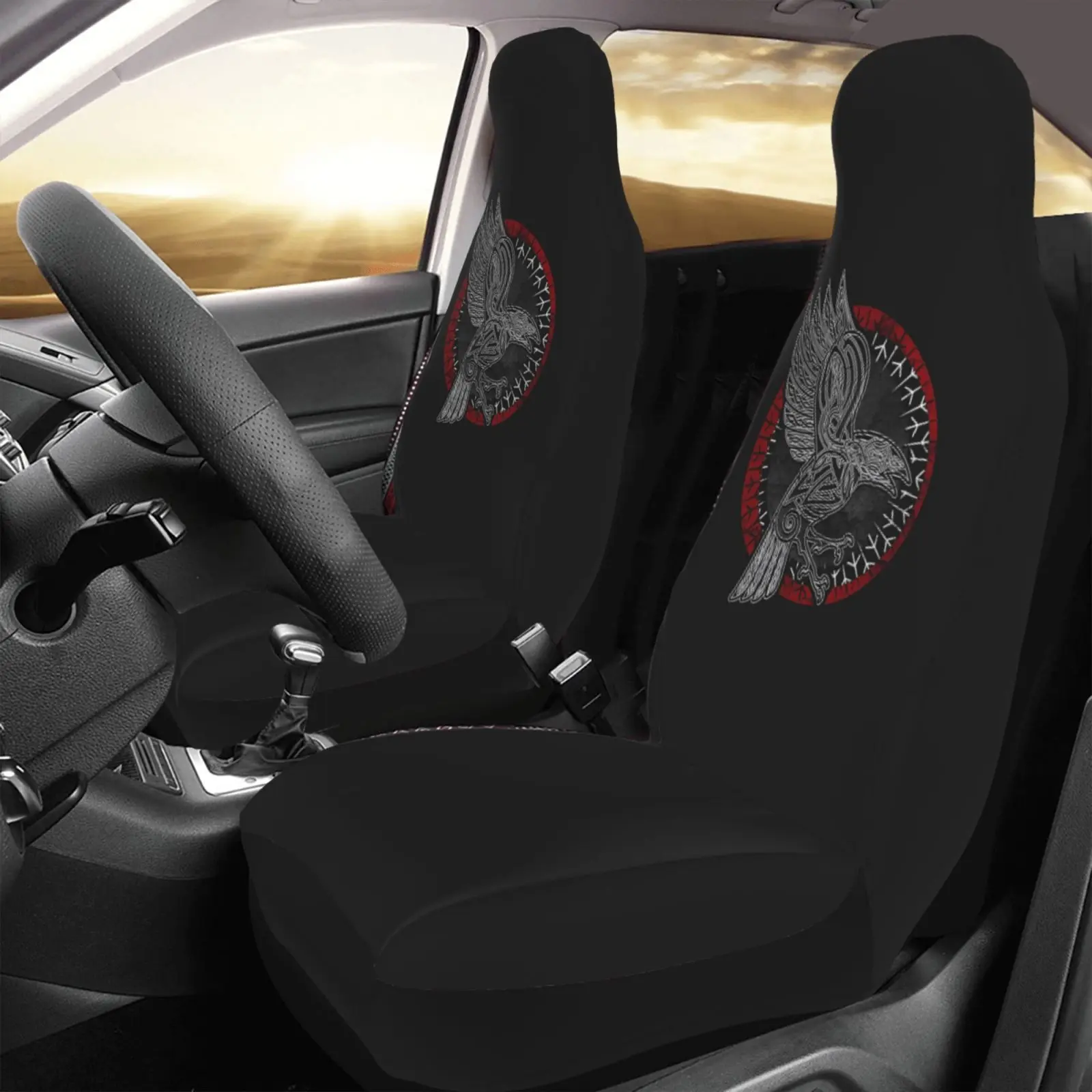 Stylish Viking Raven Pattern Car Seat Cover - 2 Pieces for Front Seats - Car Seat Cover - Car Accessories