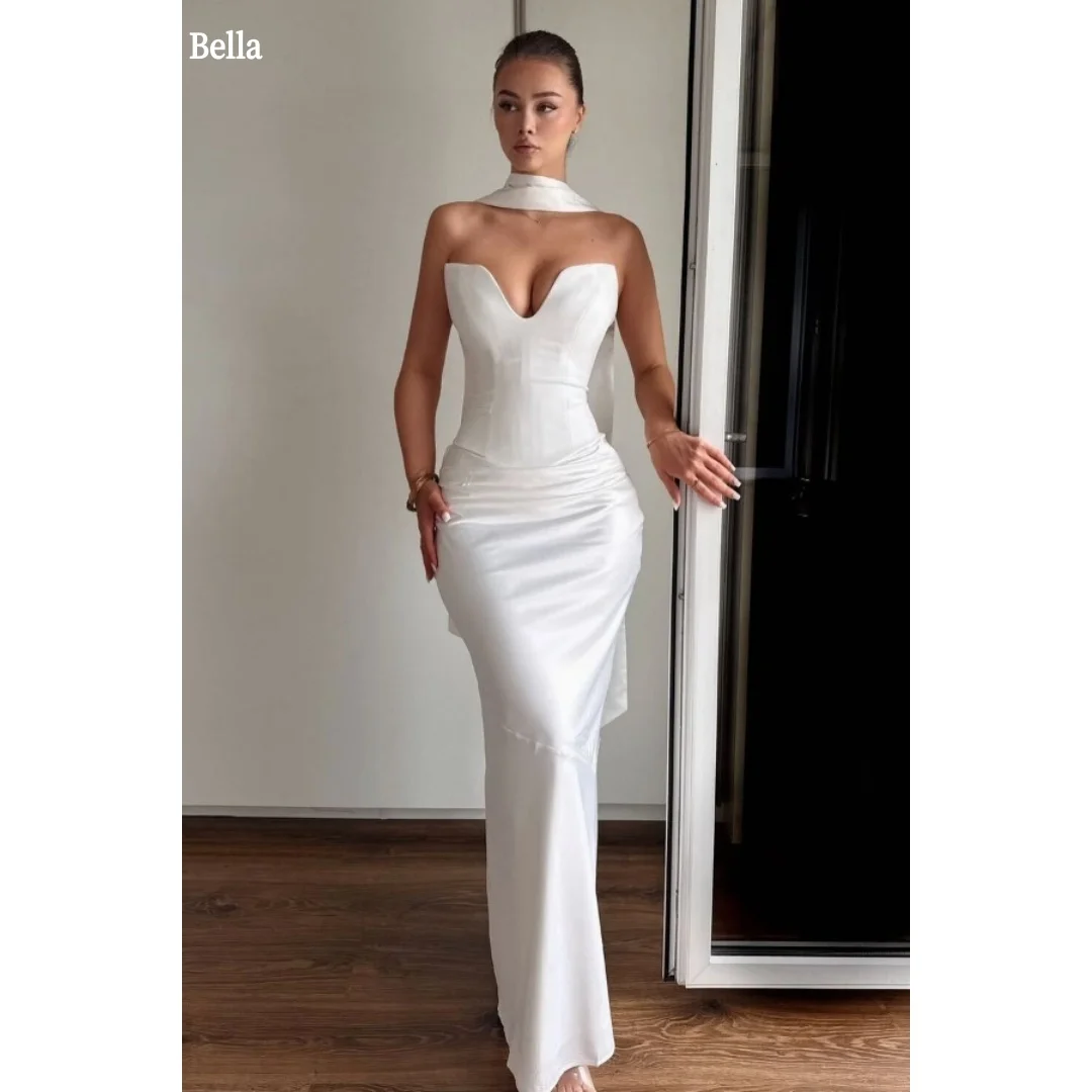 

Bella Customized White Mermaid Strapless robes de soirée Backless Sleeveless Party Dresses Floor-Length Satin Prom Dress 2025