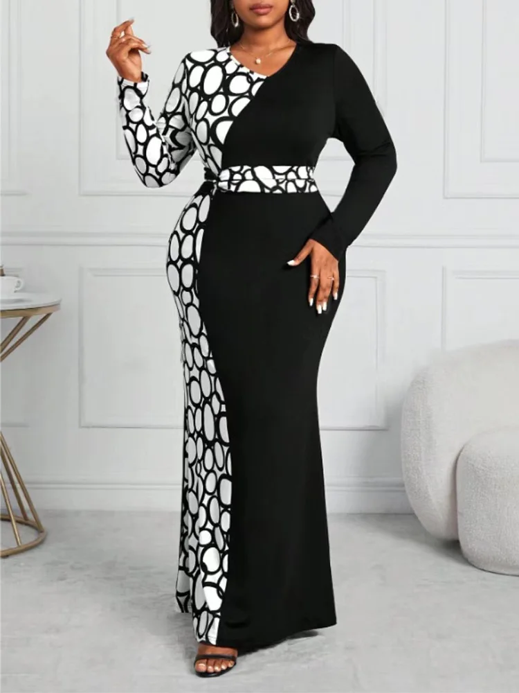 GIBSIE Plus Size Autumn V-neck Long Sleeve Mermaid Hem Bodycon Dress Women Black Contrast Print Elegant Maxi Dresses 2024 New