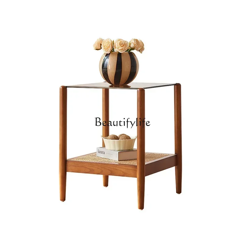 D06Japanese-style wabi-sabi wind coffee table living room high-end household solid wood rattan tea table small apartment