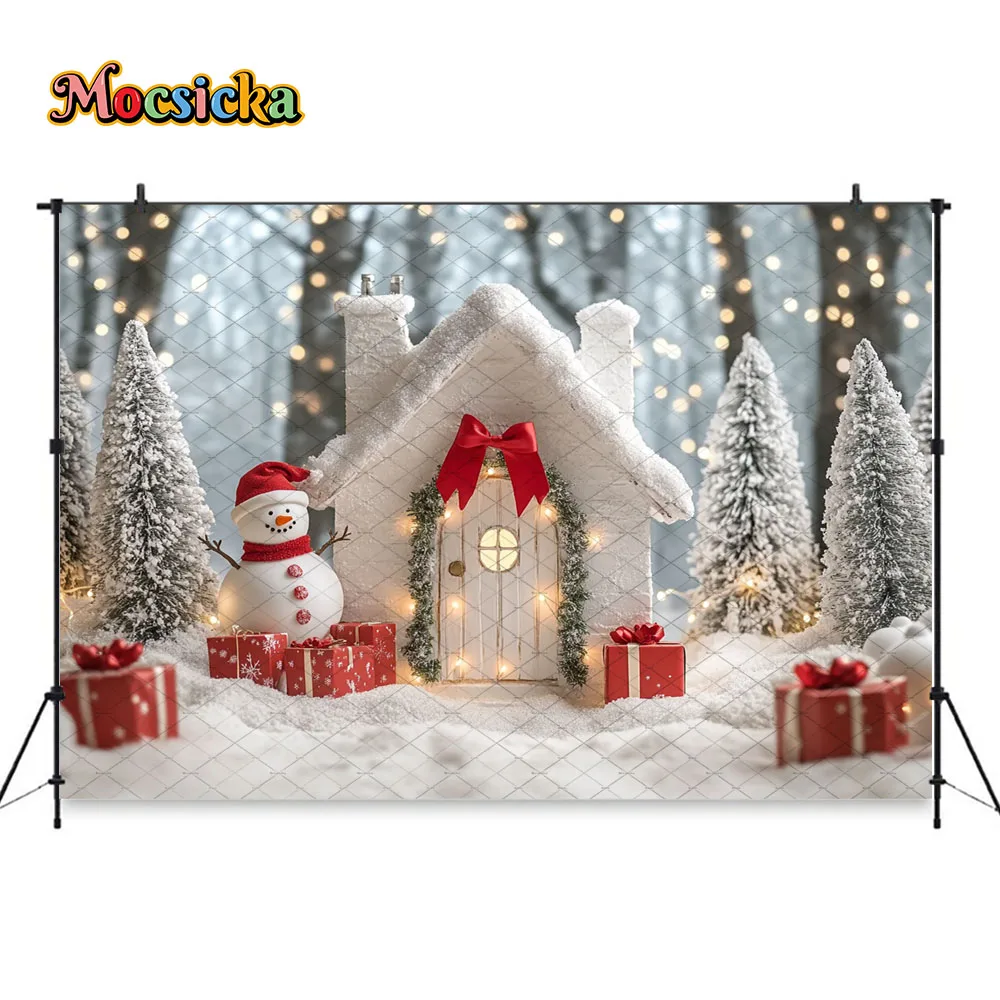 Mocsicka White Christmas House Photography Backdrop Xmas Tree Forest Snowman Glitter Light Background Winter Kid Photo Studio