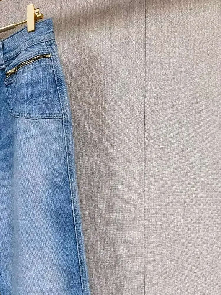 

Spring/Summer Women Double Pocket Metal Zipper Sraight Jeans Loose High Waist Fashion Casual Denim Narrow Wide Leg Pants