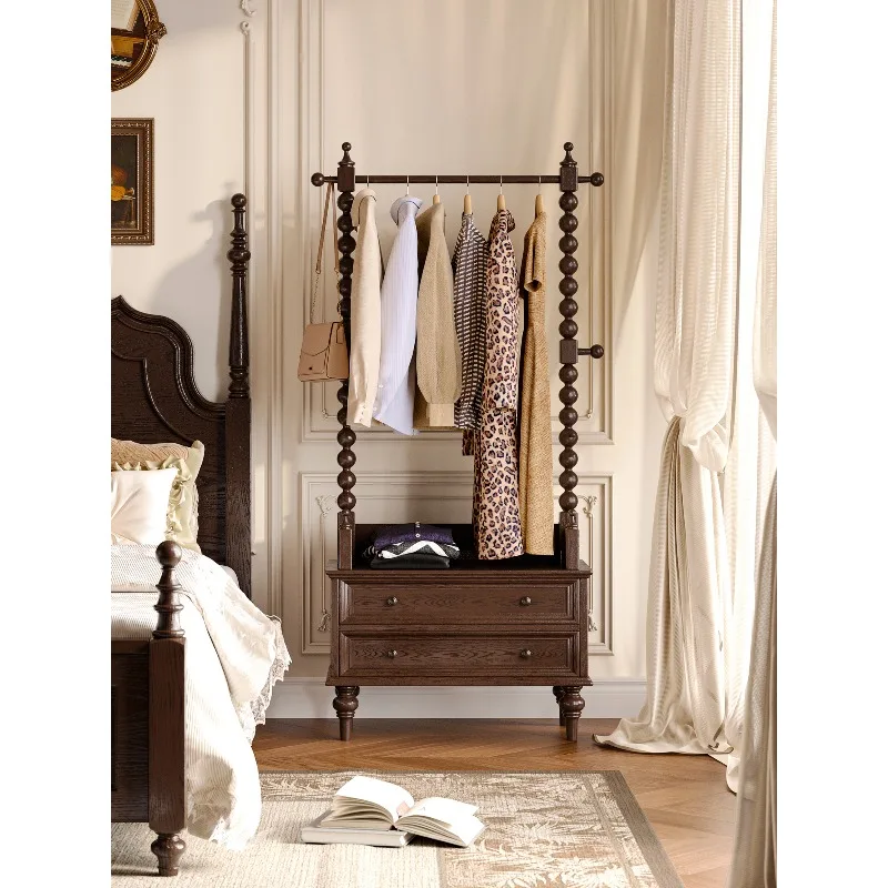 

French vintage solid wood hanger floor open home bedroom clothes coat rack bedside table integrated