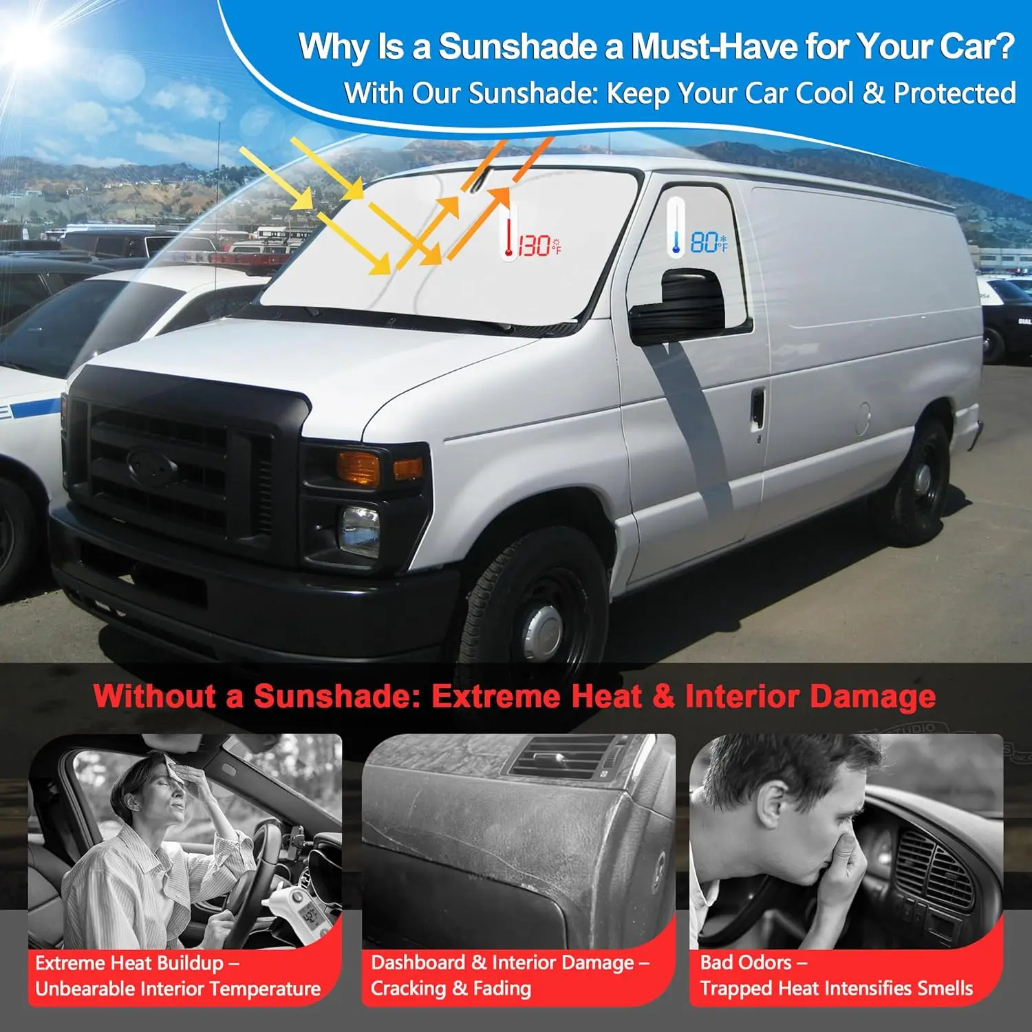 Foldable Sun Shade for Chevy Express Vans 1996-2025, Blocks UV & Heat, Pack of 3