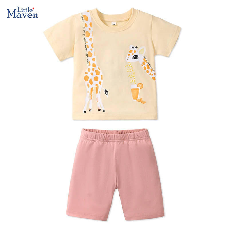 Little maven Kids Clothes 2024 Summer New Baby Boys Children's Clothing Tracksuit Sets Cartoon Giraffe Tops+Pants Cotton