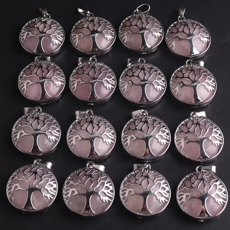 1/2/5pcs Tree of Life Natural Stone Pink Quartz Crystal Charms Pendant DIY Jewelry Making Necklace Accessories