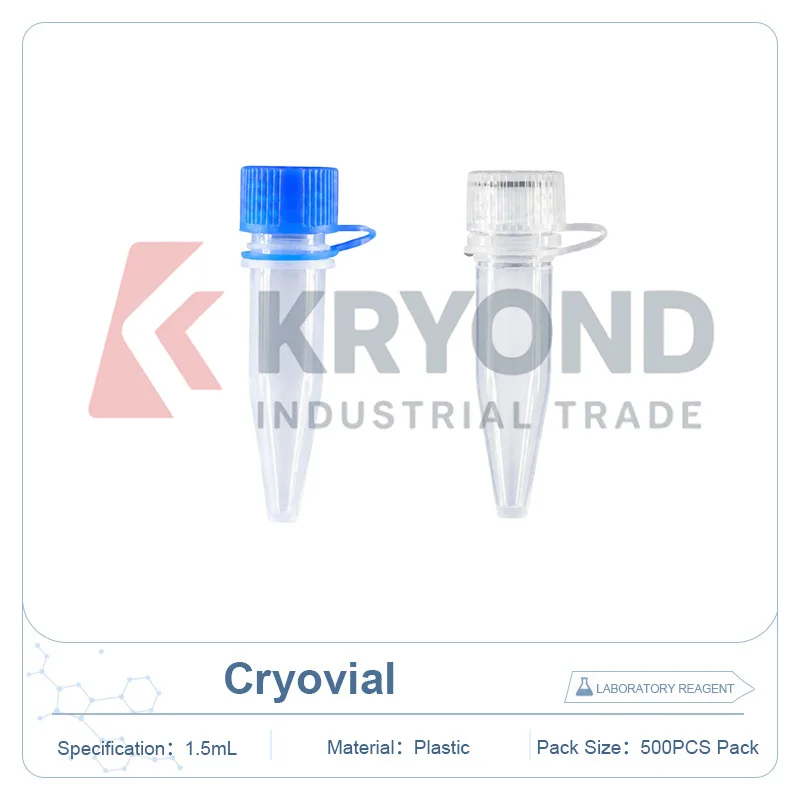 Plastic Cryovial 1.5mL Screw Cap Gasket Conical Bottom Attached Lid Transparent Blue Cover 500pcs Pack Laboratory Storage Series