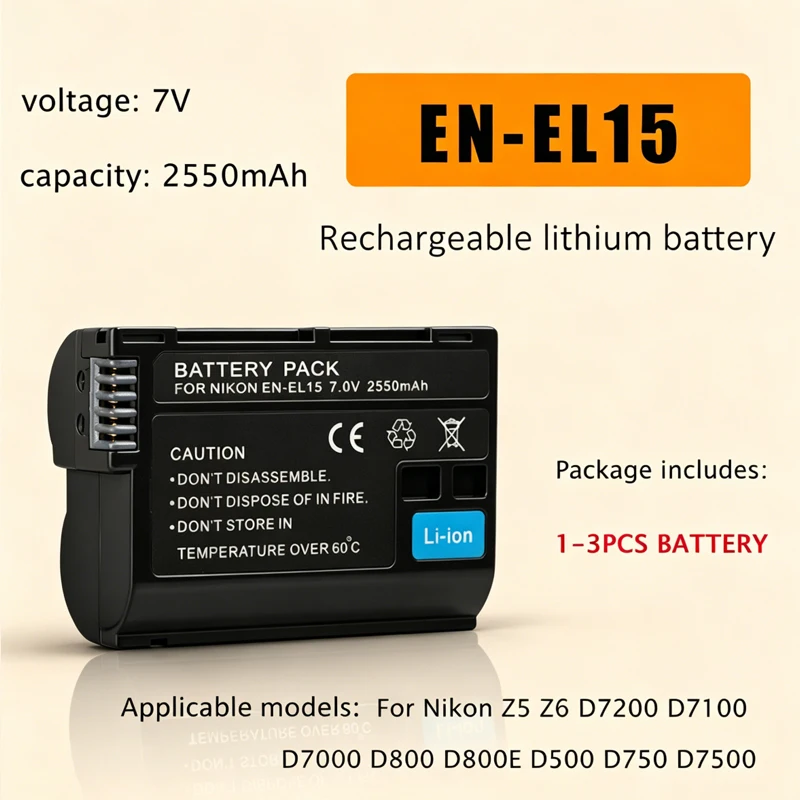 2550mAh Rechargeable Batteries EN-EL15 Li-ion Battery  for Nikon Z5 Z6 D7200 D7100 D7000 D800 D800E D500 D750 D7500 EL15 Camera