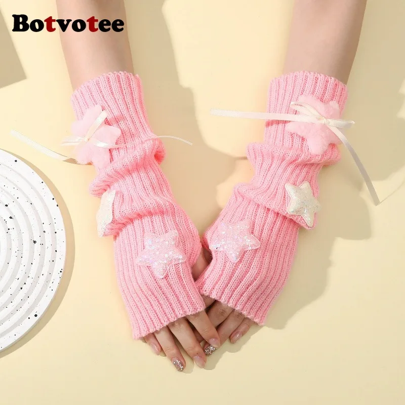 Botvotee Sleeves for Women Y2k Accessories Sweet Pink Bow Half Finger Free Shipping Arm Warmers Preppy Style Fingerless Gloves