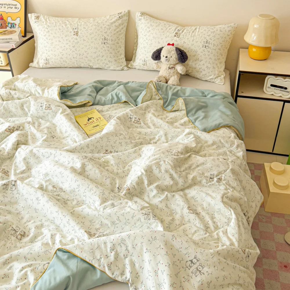 

Washed Cotton Printed Summer Quilt Air Conditioner Thin Quilt Machine Washable Lightweight Single Double Bedding Soft Breathable