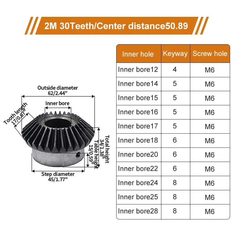 45 Steel 2 Module 30 Teeth Bevel Gear Speed Inner Bore Diameters 12/14/15/16/17/18/20/22/24/25/28mm CNC Parts