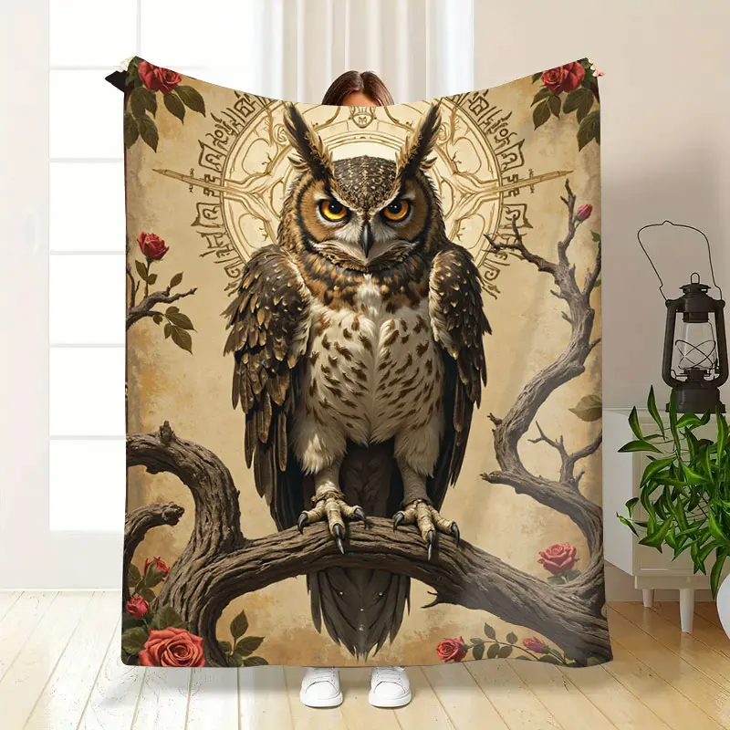 1 قطعة بطانية الفانيلا خمر البومة على فرع مع الورود بطانية رمي مريحة لديكور المنزل